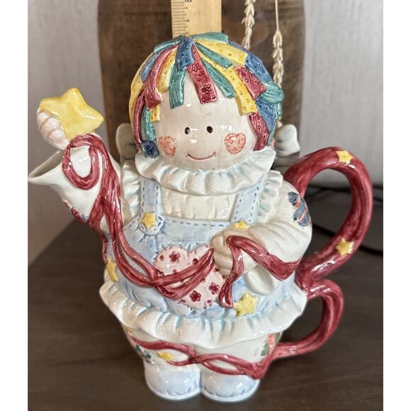 1996 Cosmos Exclusive H.O.L. Rag Doll Girl Teapot & Cup Set Colorful Patchwork - Picture 8 of 8